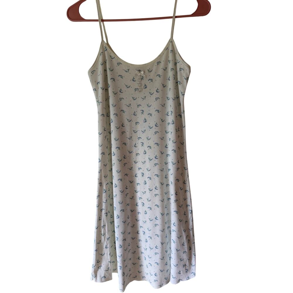 Vintage 90s Honor Intimates White Blue Floral Print Spaghetti Strap Dress Small